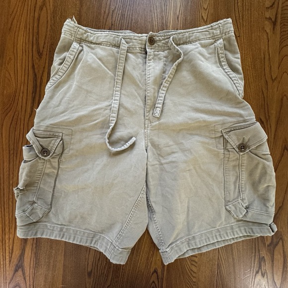 Y2K‎ Abercrombie & Fitch Khaki Drawstring Distressed Cargo Shorts Size S - Picture 1 of 6
